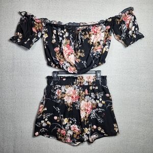 Floral Off The Shoulder Crop Top With Shorts Set Womens L Black Pink